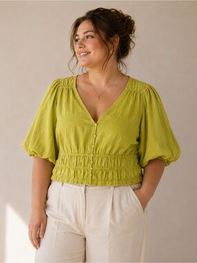Marc New York Andrew Marc XL Linen Blend Puff Sleeve Smocked Blouse